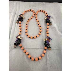 Marti Gras Halloween Themed Beaded Necklace Witch On A Broom Charm 40"